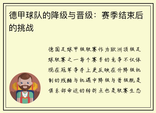德甲球队的降级与晋级：赛季结束后的挑战